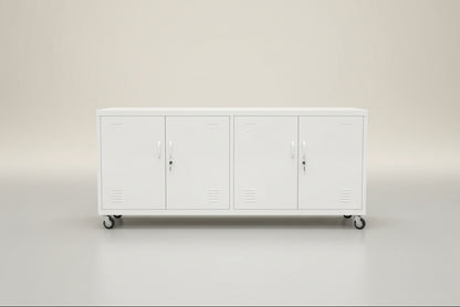 White metal versatile display cabinet with storage on caster wheels