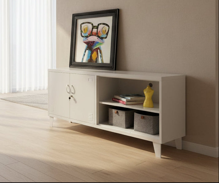 White metal versatile display cabinet with storage