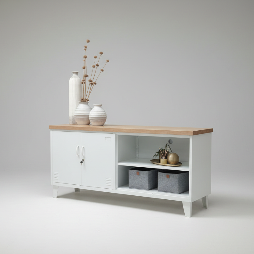 White Versatile Metal Locker Oak top