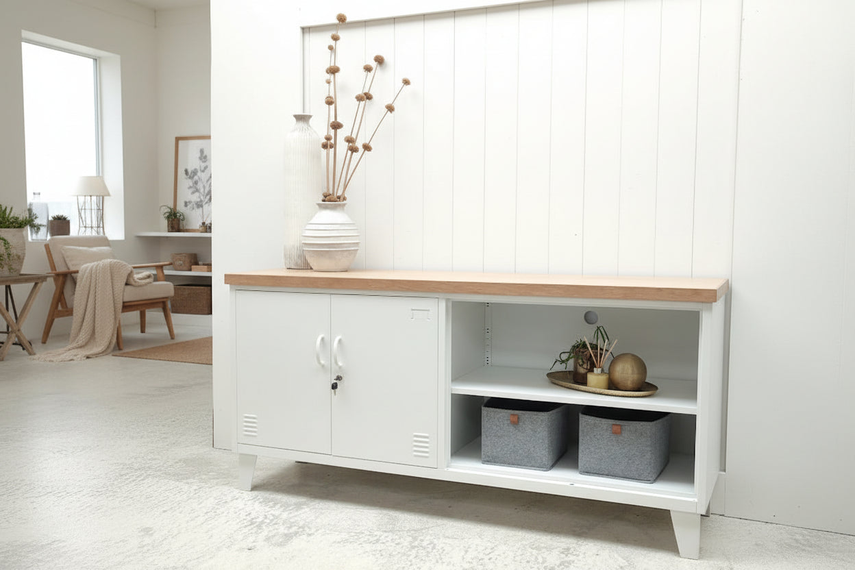 White metal versatile locker cabinet with Oak top and open shelving for display