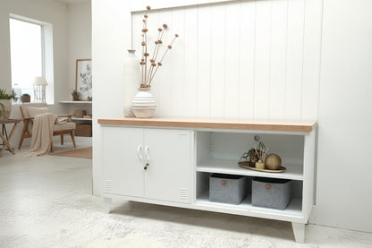 White metal versatile locker cabinet with Oak top and open shelving for display