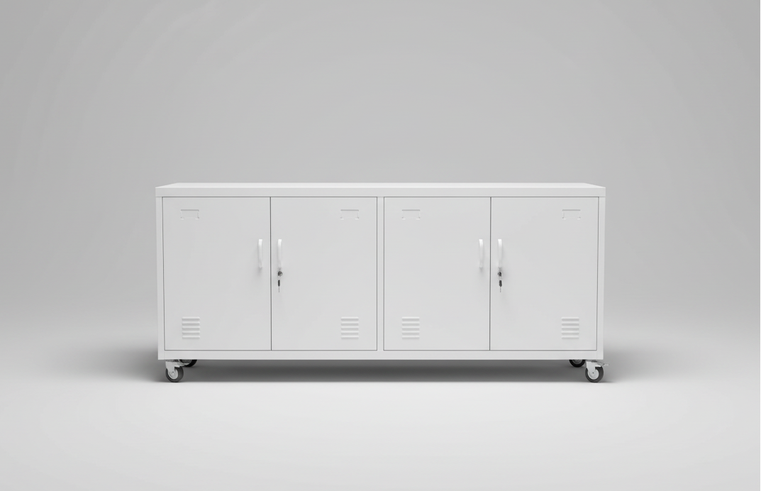 White metal versatile locker cabinet with caster wheels