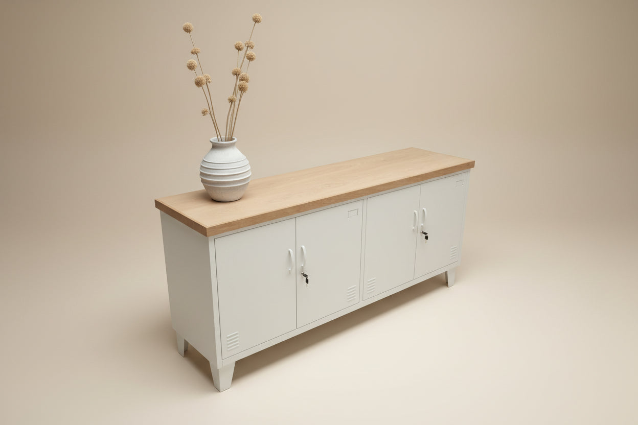 White metal versatile storage cabinet with oak top