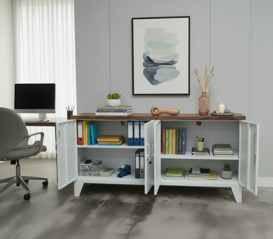 White office credenza cabinet with dark rimu top and open doors displaying office supplies in a room with a desk and chair.