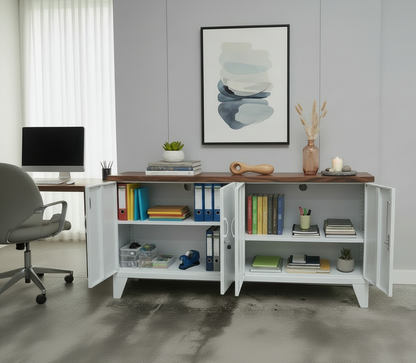 White office credenza cabinet with dark rimu top and open doors displaying office supplies in a room with a desk and chair.