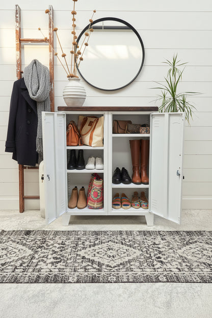 White powder coated metal double side cabinet with Dark oak top with open doors showing shoes and bag on the adjustable shelves inside.