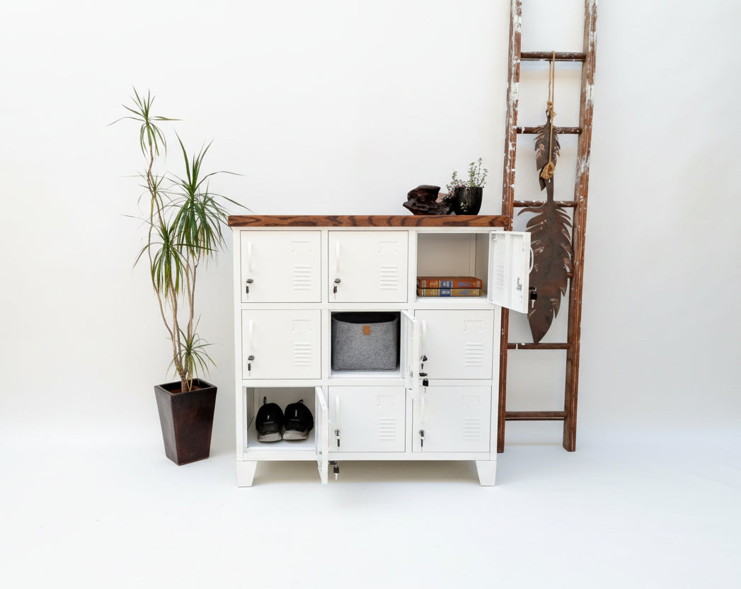 White powder coated metal storage cabinet with open door in a room with a plant and ladder.
