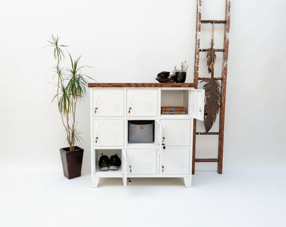 White powder coated metal storage cabinet with open door in a room with a plant and ladder.