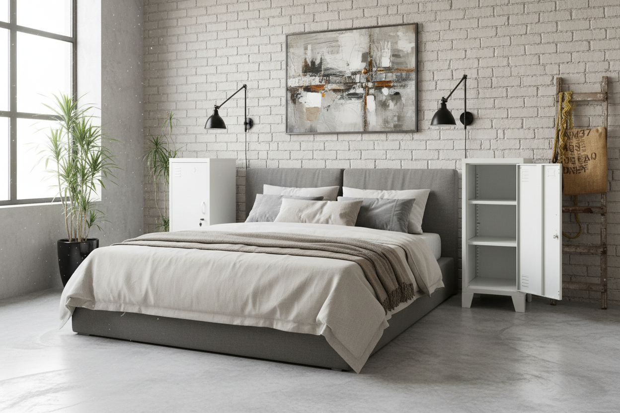 White slim metal tall bedside cabinet with open and closed doors in a room with a plant and ladder.