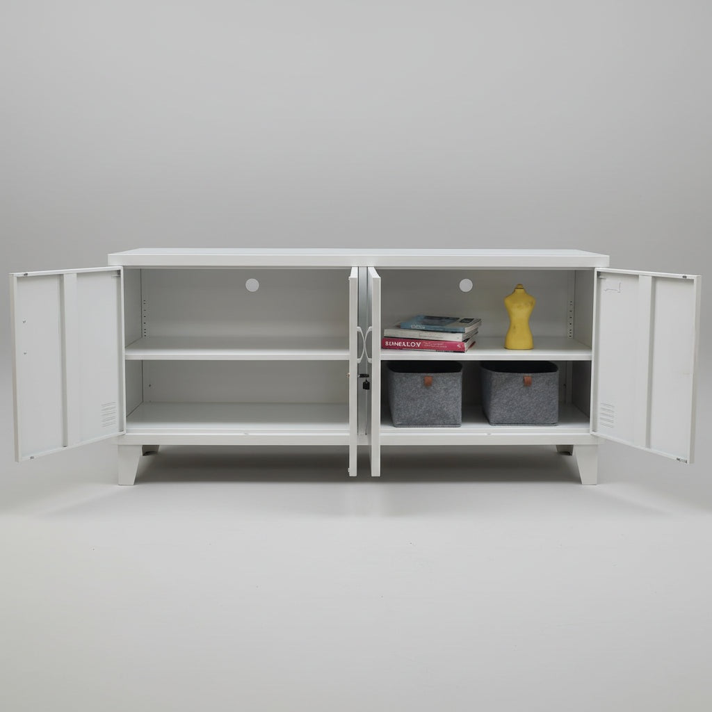 White storage cabinet with open doors on a gray background