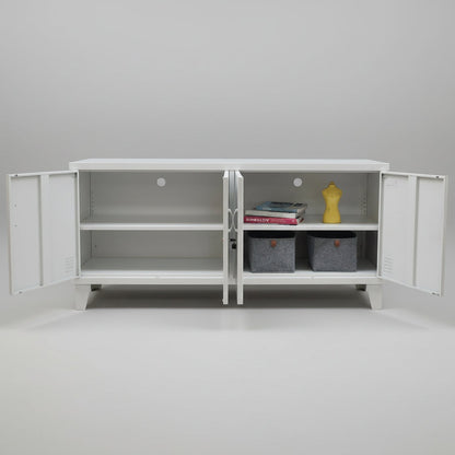 White storage cabinet with open doors on a gray background