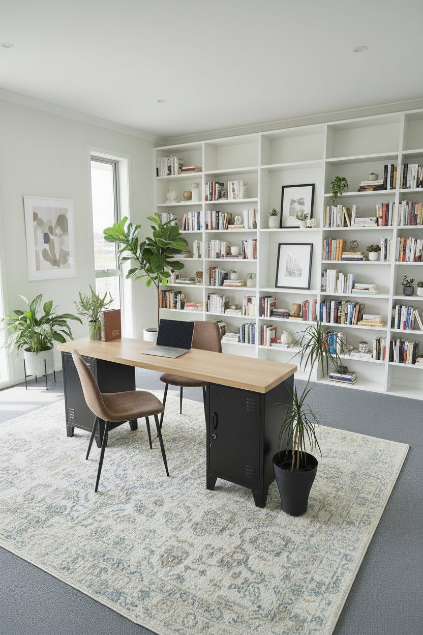 Wooden/black industrial style desk with computer setup in a home office with bookshelf