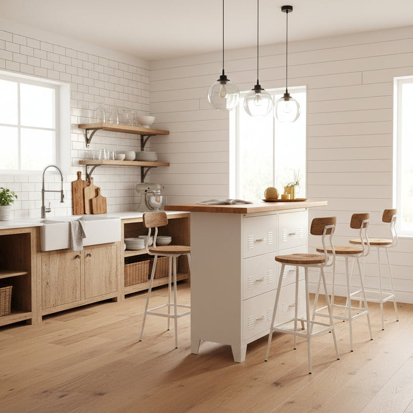Wooden top kitchen island with 6 white metal drawers base