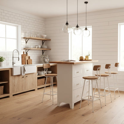 Wooden top kitchen island with 6 white metal drawers base
