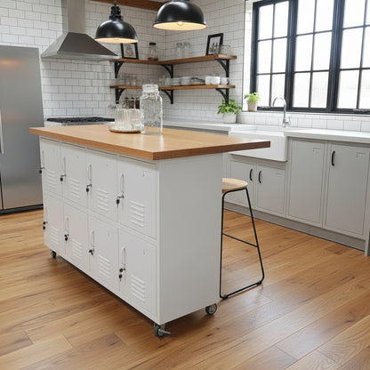 Large White metal 8 Door locker storage unit with Oak Island top in an industrial setting.