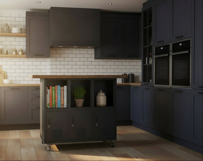 A black metal storage cabinet with three upper open cubbies and three lower lockable doors, topped with a rustic light brown Oak work surface on casters, shown in a kitchen