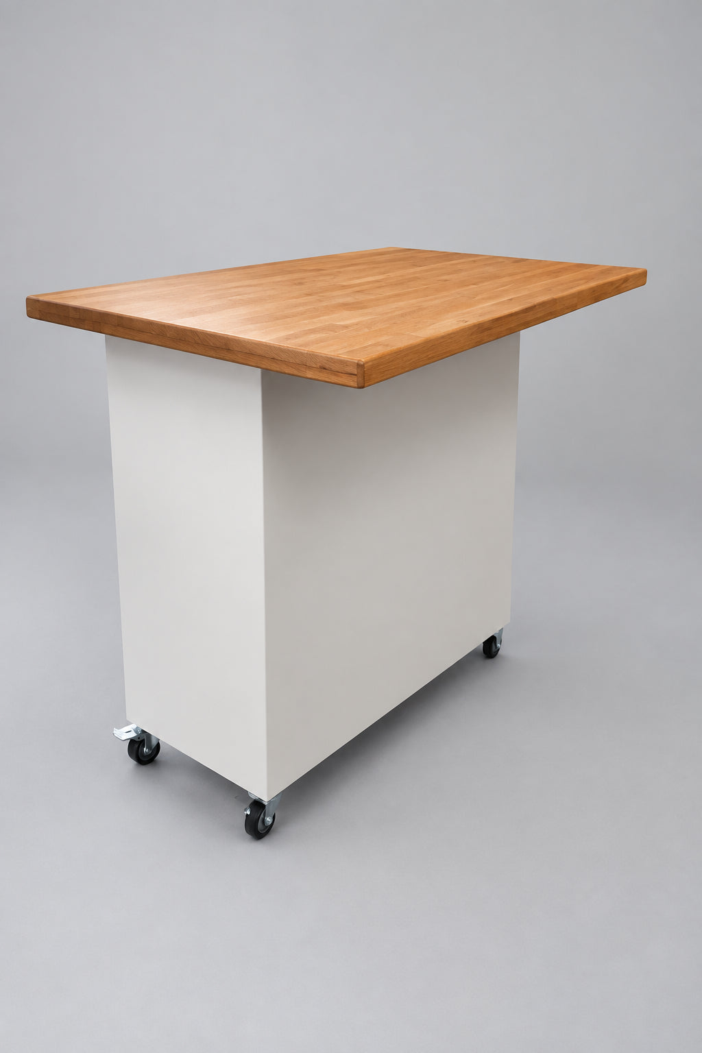 The back of the White metal 6 Door locker with Rimu Island top on caster wheels