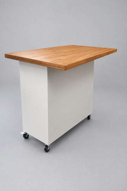 The back of the White metal 6 Door locker with Rimu Island top on caster wheels