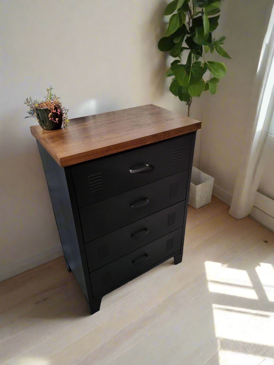 Black Tall boy Drawers Dark Oak top