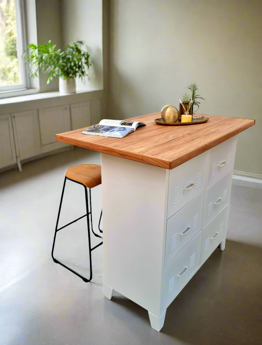White 6 Drawer with Island Rimu top
