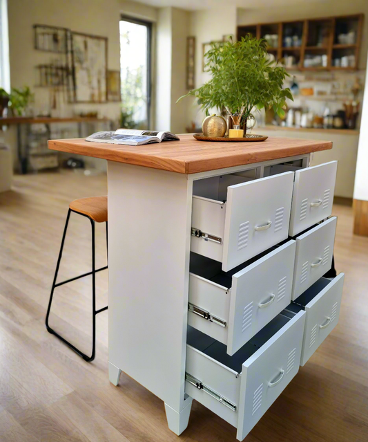 White 6 Drawer with Island Rimu top