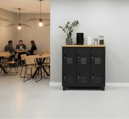 A black 6-door locker cabinet with a light oak top, featuring metal locker doors and a wooden surface on top.