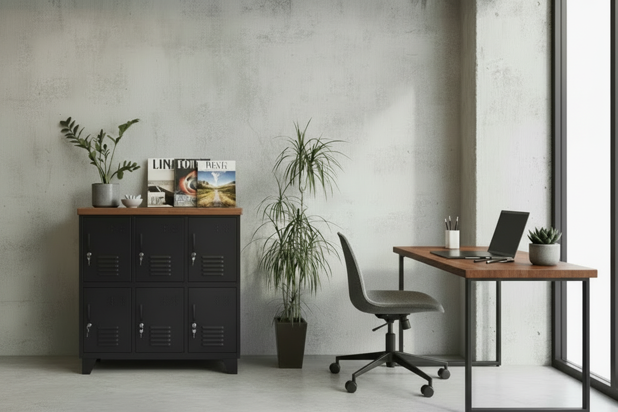 A black 6-door locker with dark oak top, Industrial style office storage