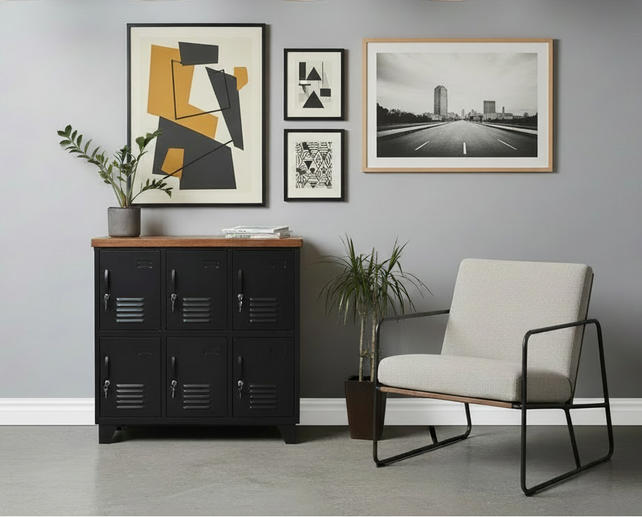 A black 6-door locker with dark oak top, home and office storage