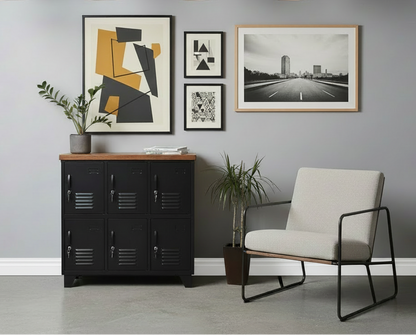 A black 6-door locker with dark oak top, home and office storage