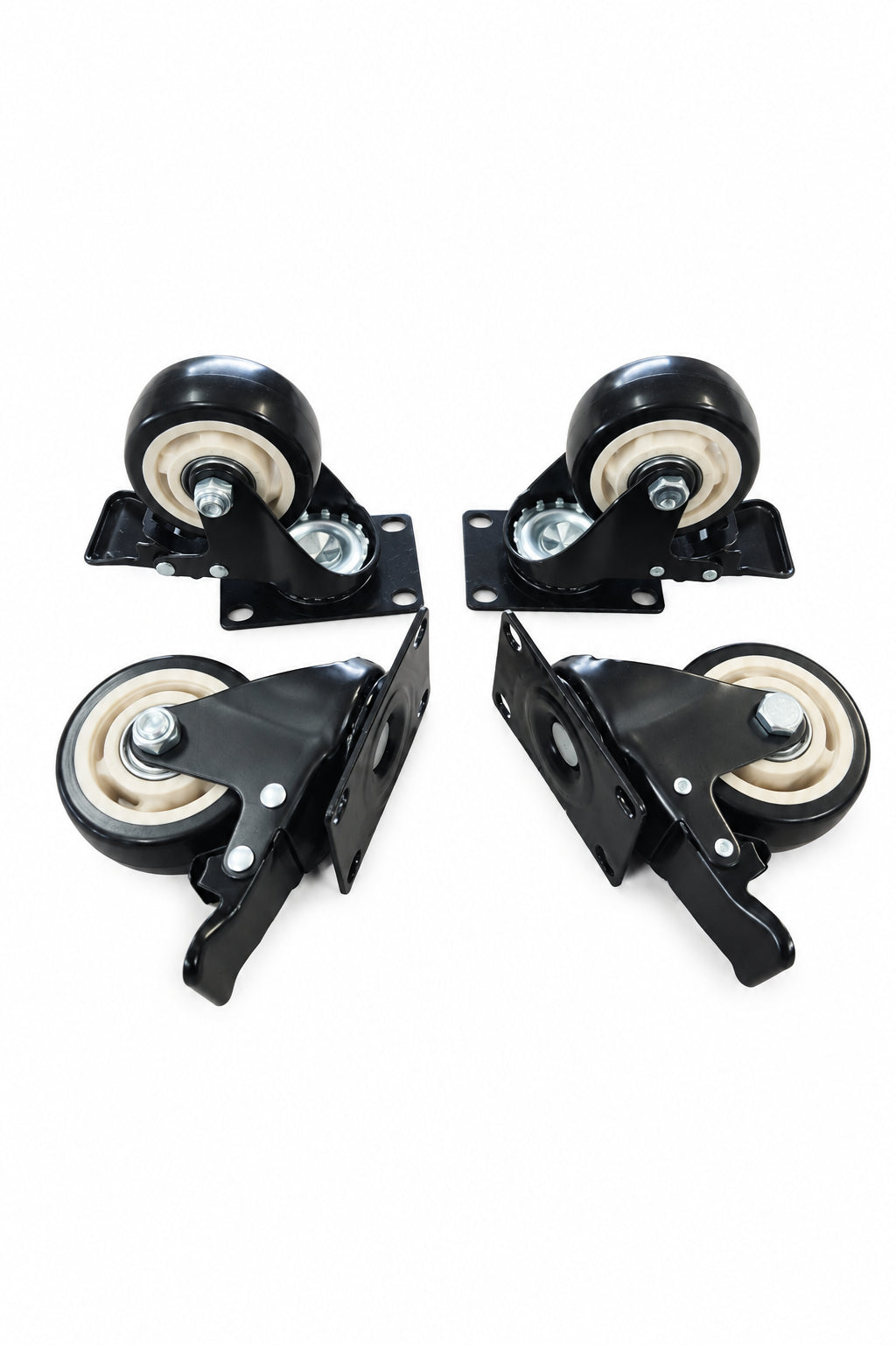 Four black caster wheels with white plastic inner wheels and black metal mounting brackets