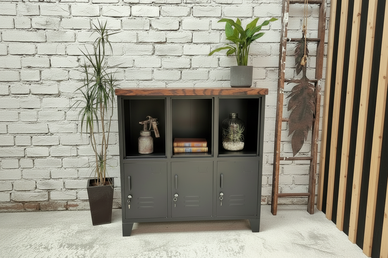 black display locker with dark Oak top