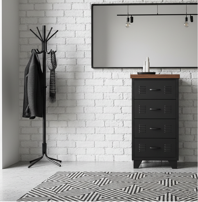 A black industrial metal 4-drawer cabinet with a dark oak top, positioned in a room