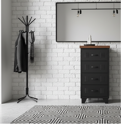 A black industrial metal 4-drawer cabinet with a dark oak top, positioned in a room