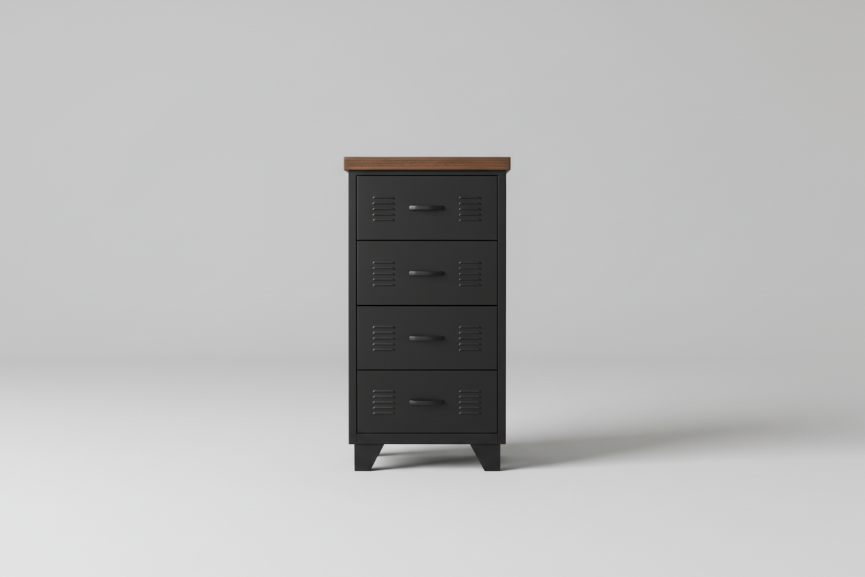 A black industrial metal 4-drawer tallboy cabinet with a dark oak top, positioned in a room