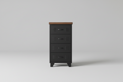A black industrial metal 4-drawer tallboy cabinet with a dark oak top, positioned in a room