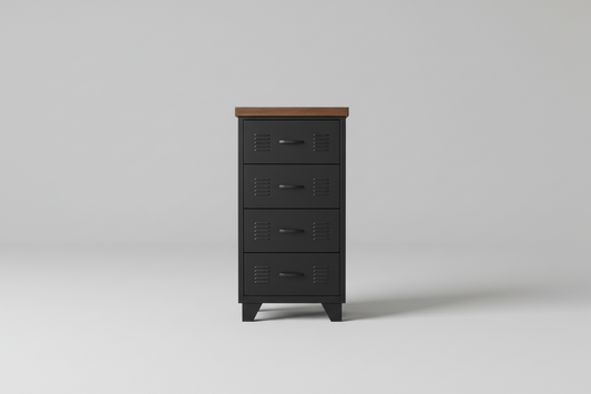 A black industrial metal 4-drawer tallboy cabinet with a dark oak top, positioned in a room