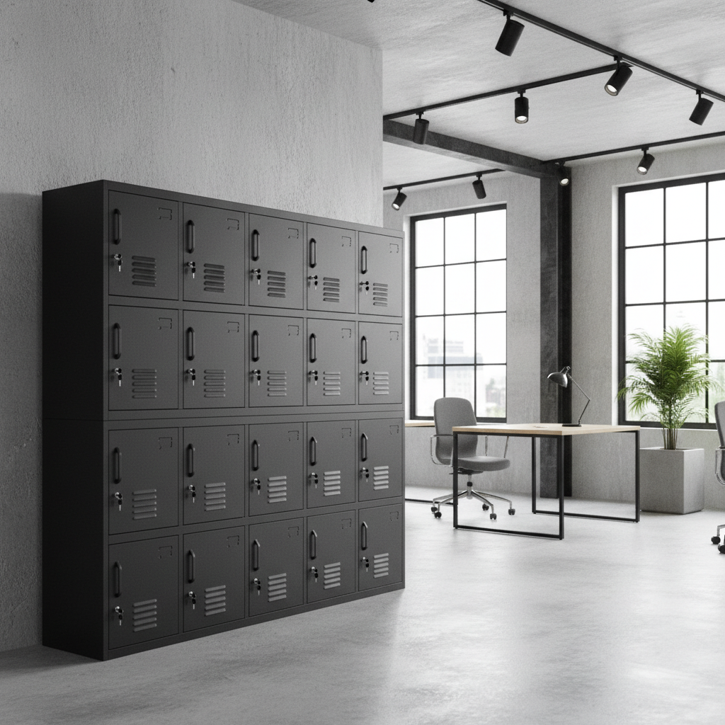 Set of black metal 16 door locker cabinet in a modern office setting with large windows.