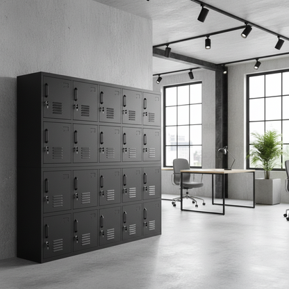 Set of black metal 16 door locker cabinet in a modern office setting with large windows.