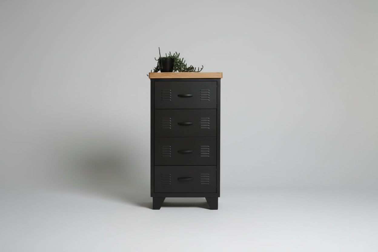 A black metal 4-drawer tallboy cabinet with an oak top