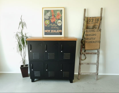 A black metal 6-door locker with a Recycled Rimu wooden top, as home or office, staff storage