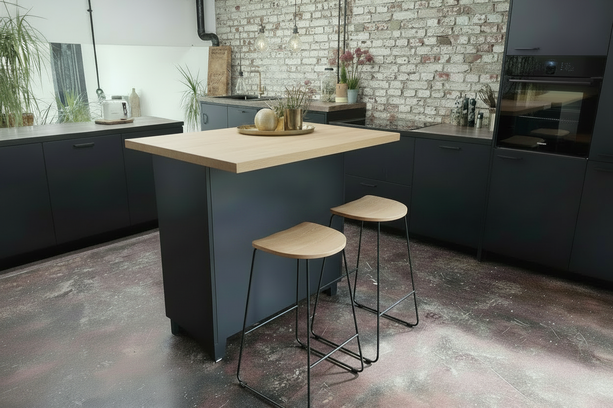 Back of Black metal kitchen Island with  Oak top with stool as breakfast bar
