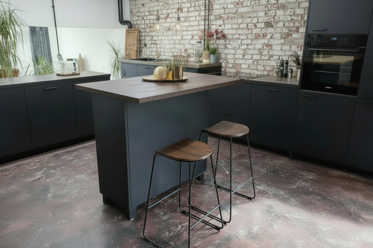 Back of Black metal kitchen Island with Dark stained Oak top with stool as breakfast bar