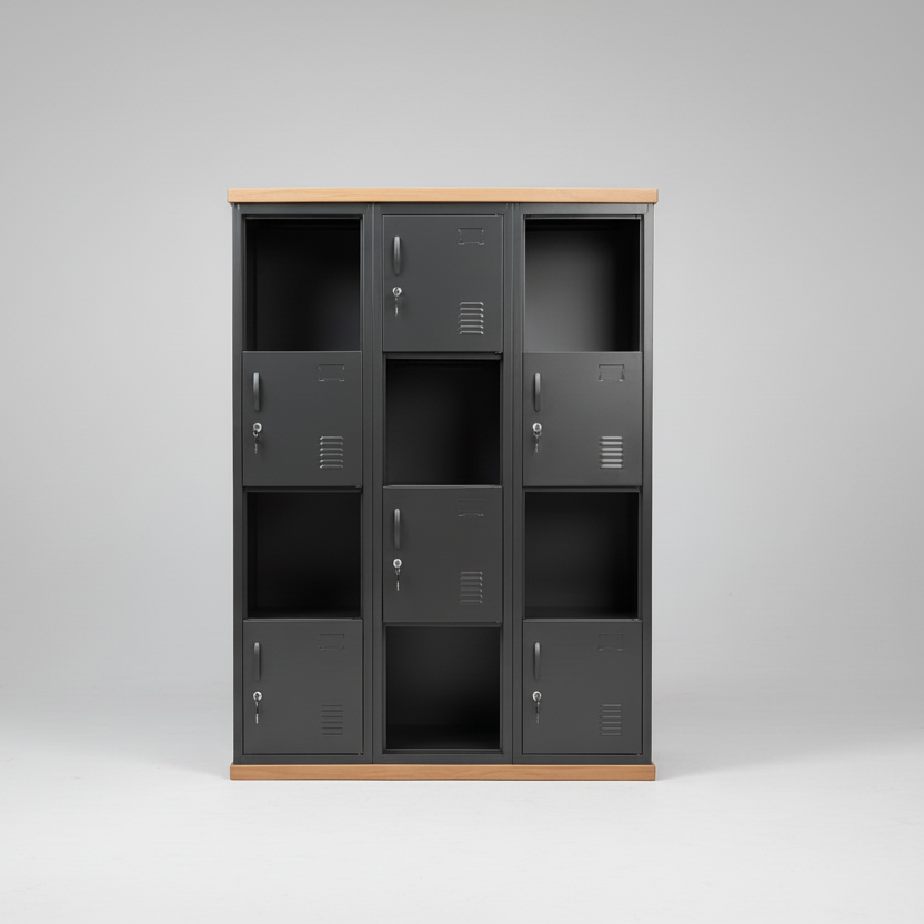 A black metal checkerboard display locker cabinet with a Recycled Rimu top and plinth