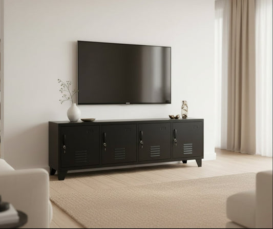A black metal entertainment console in a modern living room with a television mounted on the wall above it.