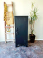A black metal side cabinet with right opening door, two adjustable shelves, placed on a floor with a potted plant and a ladder in the background.