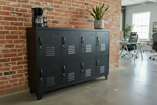 A black metal sideboard locker with eight doors, placed in an office, with coffee station on top