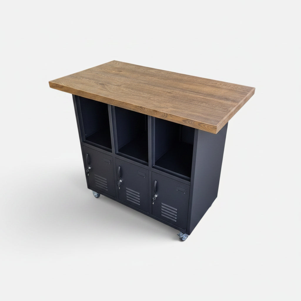 A black metal storage cart with a rustic Island oak top, featuring three open upper compartments and three lower locker-style doors on casters, shown on a light gray background.