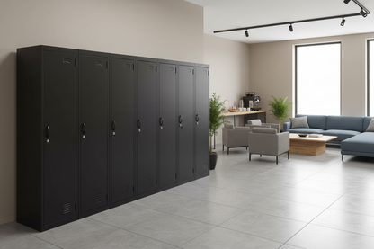 A black single door metal locker side by side in staffroom