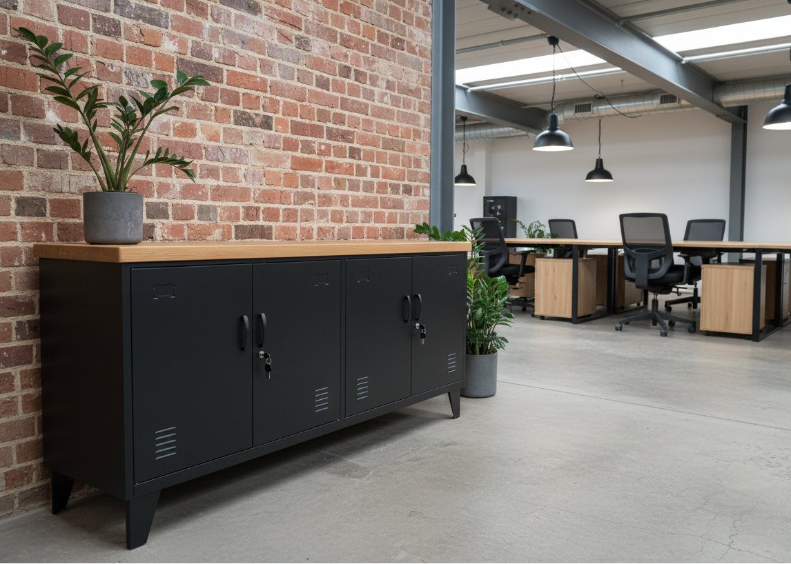 A black versatile metal  credenza locker with an oak top, featuring multiple doors and set in a office