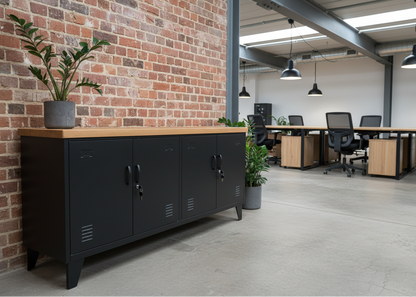 A black versatile metal  credenza locker with an oak top, featuring multiple doors and set in a office